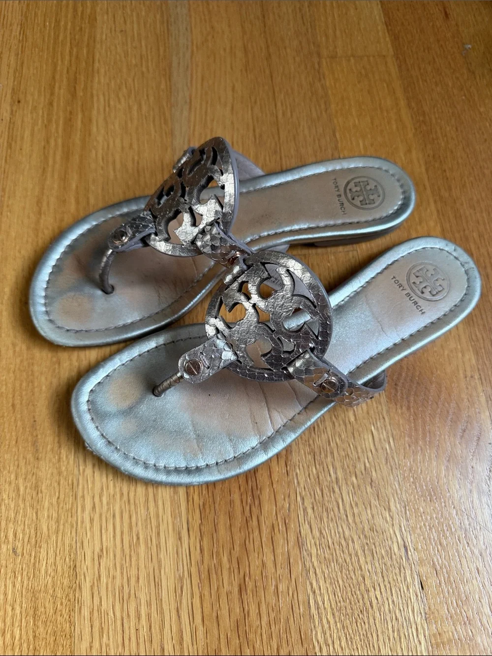 Tory Burch Metallic rose gold  Logo Cutout Thong Sandals